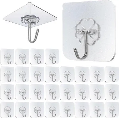 Produktbild von Famanu Selbstklebende Haken, 30 Stück, transparent, extra stark, bohrfrei, für Bad, Küche, Wand und Decke, Tragkraft 10 kg