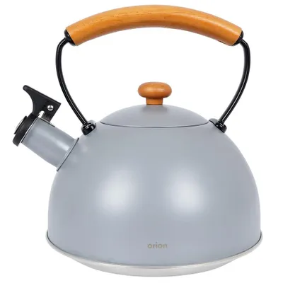 A gray whistling kettle with a wooden handle and lid knob, presented on a white background.