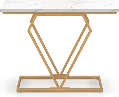 Produktbild von Goldener Konsolentisch, 100 cm langer Eingangstisch mit Kunstmarmor-Tischplatte und rautenförmigen Metallbeinen, Weiß + Gold