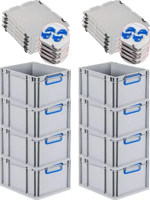 Produktbild von SuperSparSet 8x Eurobox NextGen Color mit Auflagedeckel und Schiebeschnappverschlüsse | HxBxT 22x30x40cm | 20 Liter | Griffe blau geschlossen | Glatter Boden | Eurobehälter, Transportbox, Transportbehälter, Stapelbehälter