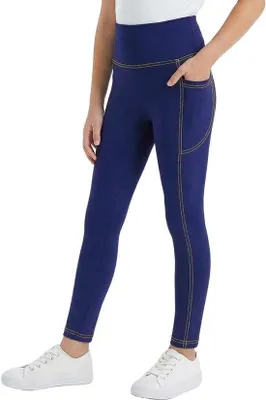 Produktbild von Deutschlands beste Skinny-Leggings für Mädchen mit Taschen in Jeans-Design - Schlanker Stil, Hohe Taille, Bequeme Hose für Schule und Alltag, Größen 116-164, geeignet für 6-13 Jahre