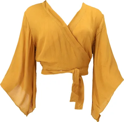 Produktbild von Kurztop, Boho Blusentop, Wickeltop, Wickelbluse mit Trompetenärmeln - Kurkuma, Damen, Gelb, Viskose, Größe: L