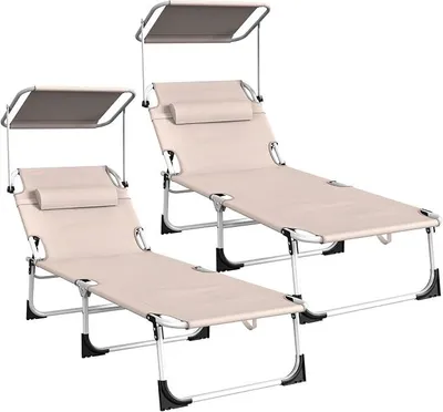 Zdjęcie produktu dla Zestaw 2 leżaków składanych z daszkiem, leżak aluminiowy, odporny na warunki atmosferyczne, wymiary 194 x 68 x 29 cm, leżak plażowy, leżak ogrodowy, składany, z daszkiem, poduszką pod głowę i kieszenią boczną, kolor khaki