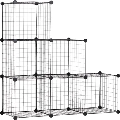 Produktbild von Steckregal, Regalsystem mit 6 Fächern, DIY Würfelregal aus Drahtgitter, Stufenregal für Wohnzimmer, Schlafzimmer, Schwarz, 109 x 37 x 109 cm