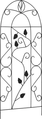 A black metal garden trellis with a leaf and vine design.
