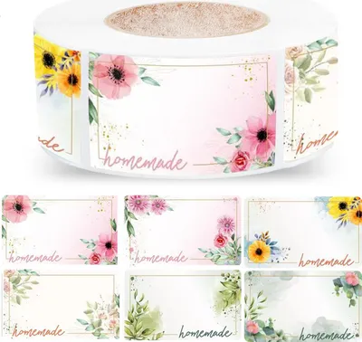 Produktbild von Marmeladen-Etiketten, selbstklebende Etiketten, 500 Stück (3 x 5 cm), quadratisches Blumendesign, Blumen-Verschlussaufkleber für Marmeladengläser, Gewürzgläser, Flaschen, Behälter, Weihnachtsetiketten