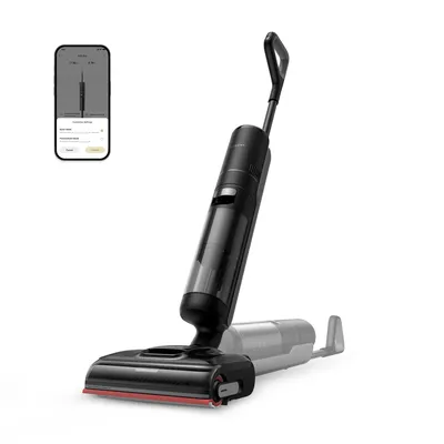 A black and gray wet and dry vacuum cleaner is shown on a white background, with a smartphone displaying its interface next to it.