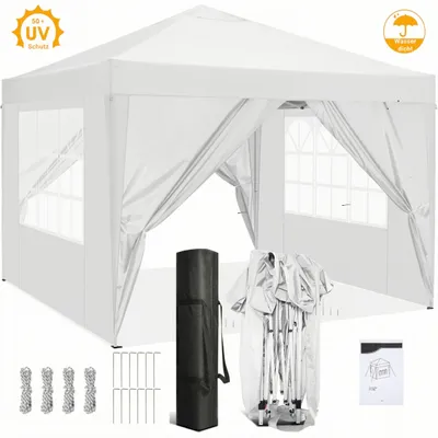 A white pop-up gazebo is displayed with its accessories laid out around it.