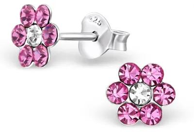 Produktbild von Kinderohrstecker Glitzer: Mädchen Ohrringe Silber „Kristall Blume" pink & kristallklar