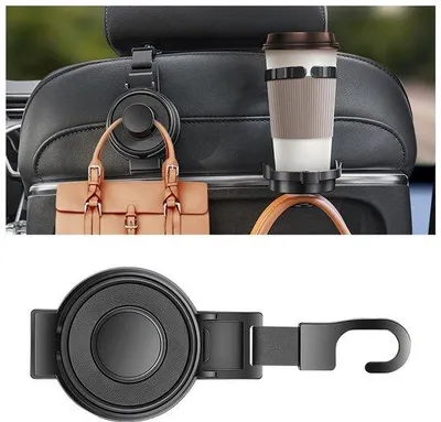 Image de Crochet multifonctionnel 3-en-1 pour siège de voiture avec porte-gobelet, en ABS, fixation dissimulée pour appuie-tête, article ménager noir
