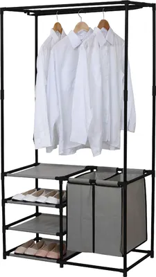 A freestanding wardrobe rack with shelves and a laundry hamper.