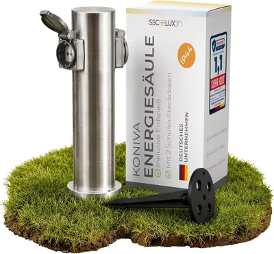 Produktbild von Gartensteckdosen-Säule - Gartensteckdose mit Erdspieß - Für den Außenbereich - Edelstahl - Stromsäule - Außenbereich - 2-fach