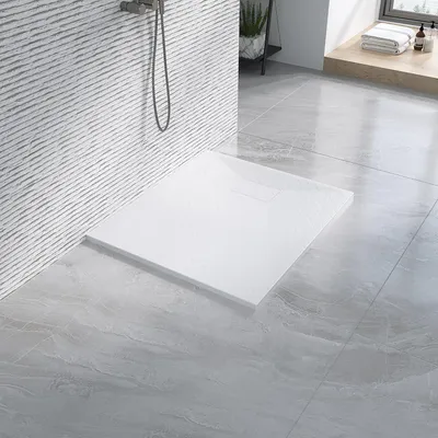 Produktbild von AQUABATOS Duschwanne 90x80 cm – weiße rutschfeste Duschtasse, 2,6 cm hoch, SMC-Glasfaser mit Steinoptik, zuschneidbares Design