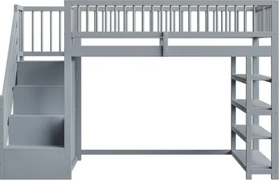 Produktbild von Hochbett 90x200cm ohne Matratze Hochzaun Kleiderschrank Sicherheitskletterleiter Multifunktionsbett Massivholzbett Grau Kinderbett Jugendbett