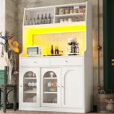 Immagine prodotto di Mobiletto da cucina alto con illuminazione a LED, 2 cassetti, ripiani regolabili, piano di lavoro, colore bianco, dimensioni 120x40x180 cm