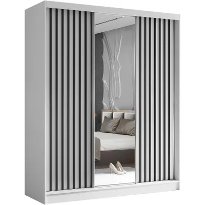 Produktbild von Schwebetürenschrank HELIX 180cm Weiß/Schwarz – 3-türig, Kleiderschrank mit Lamellen & Spiegel & Schiebetüren