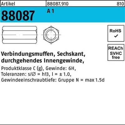 Produktbild von Reyher  6kt.-Verbindungsmuffen 88087 A 1/A2 M 8x30 SW13 (50 Stück)