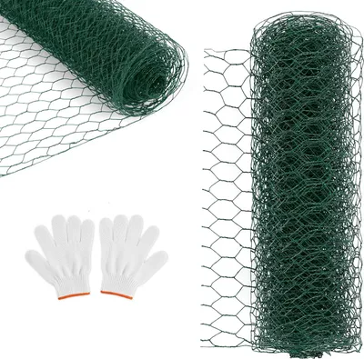 Produktbild von Izrielar Sechseckgeflecht Volierendraht Hasendraht 1 x 10 m Drahtzaun grün 27 mm Kaninchendraht PVC-beschichtet (inklusive Handschuhe)