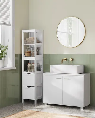 A bathroom vanity with a sink and a storage cabinet.