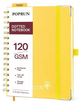 Obrázek produktu pro Zápisník A5, tečkovaný, 120 g/m², světle žlutý, pevná vazba, spirálová vazba, 141 stran, rozměry 15x21,5 cm