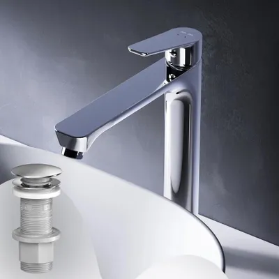Produktbild von AM.PM Badarmatur Hoch Pop-Up Ablaufventil für Waschbecken Wasserhahn Bad Chrom Waschtischarmatur mit Ablaufgarnitur Ventil Ablauf