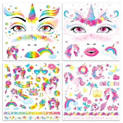 Image de Tatouages temporaires pour le visage, motif licorne, lot de 4, pour Carnaval et Halloween