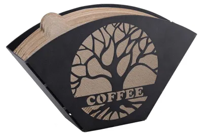 Produktbild von Kaffeefilterhalter aus schwarzem Metall mit Lebensbaum-Design