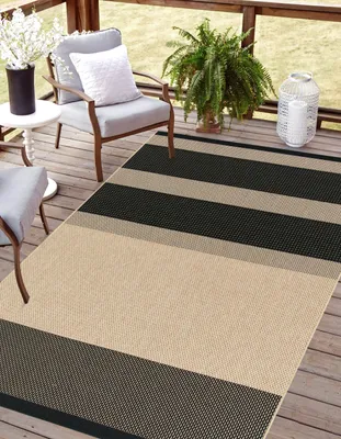 Produktbild von Rikmani Outdoor Teppich 80 x 150 cm für Terrasse, Balkon, modernes Design, ideal für Küche und Esszimmer, beige-schwarz
