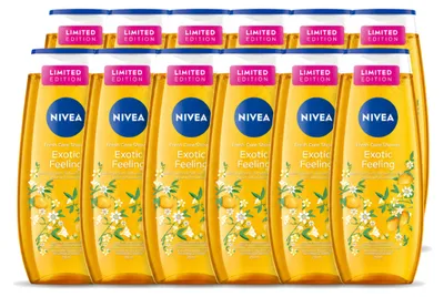 Immagine prodotto di 12 flaconi di gel doccia Nivea, linea "Exotic Feeling", da 250 ml ciascuno. Confezione  da 12 pezzi