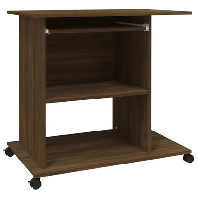 A brown wooden particleboard desk with wheels, shown from the front.