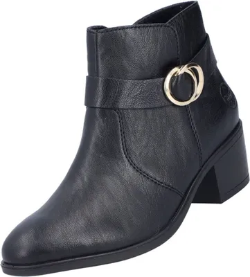 A black leather ankle boot with a gold buckle detail.