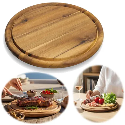 Produktbild von LS-LebenStil XL Fleischteller 30cm Rund Akazie Holz Steakbrett Brotzeitbrett Schneidebrett Servierteller Pizzateller Vesperbrett Käsebrett groß