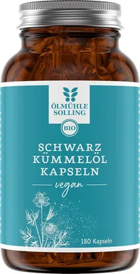 Produktbild von ÖLMÜHLE SOLLING Schwarzkümmelöl Kapseln – 180 Stück – 3.000 mg Schwarzkümmelöl pro Tagesdosis – kaltgepresst & vegan