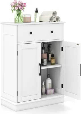 Immagine prodotto di COSTWAY Mobile da bagno, mobile da bagno con cassetto, ante e ripiano regolabile, cassettiera in legno, 56 x 30 x 80 cm, bianco