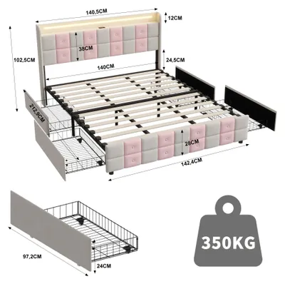Produktbild von Polsterbett - Doppelbett 140 x 200 cm - 4 Schubladen - Stauraum - Samt - Lattenrost - Weiß/Rosa