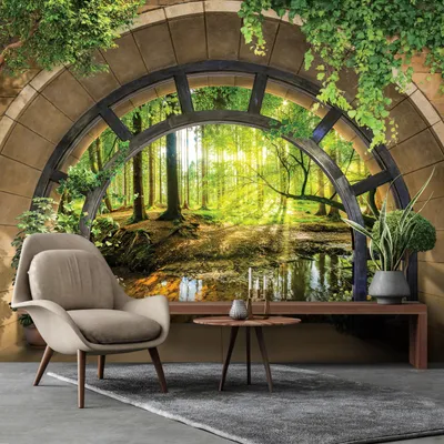 Produktbild von Vlies Fototapete 3D EFFEKT Wald Sonne ( 416x254 cm - 4 Bahnen ) Fensterblick Ausblick inklusive Kleister Wohnzimmer Schlafzimmer Wandtapete Tapete Latexdruck UV-Beständig Montagefertig