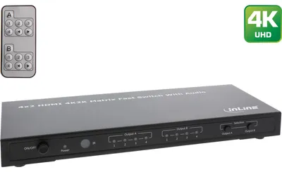 Produktbild von InLine HDMI Matrix Switch / Umschalter, 4K2K, 4 Eingänge auf 2 Ausgänge, HDMI, Schwarz, 1080p, 3,4 Gbit/s, 340 MHz, 10 m