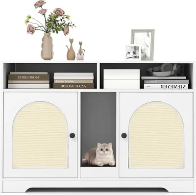 Immagine prodotto di Armadio per lettiera - Mobili nascosti per lettiera - Per 2 gatti - Doppio scomparto - Spazio di stoccaggio - Tiragraffi - 2 tappetini in sisal - Bianco