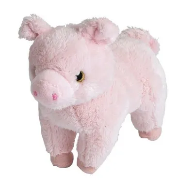 A pink plush pig toy is shown against a white background.