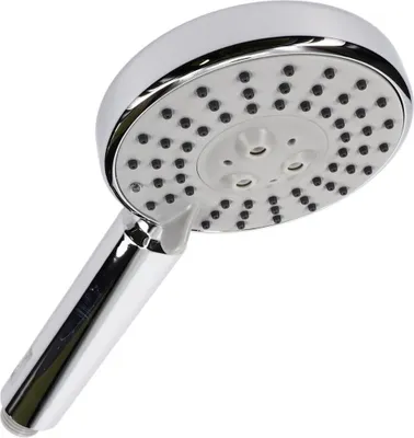 A chrome-finished hand shower head with multiple spray nozzles is shown against a white background.