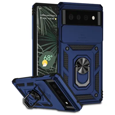 Immagine prodotto di Custodia per Google Pixel 6 a doppio strato con copertura scorrevole della fotocamera e supporto ad anello blu