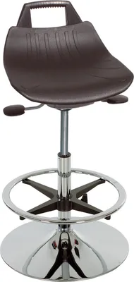 Produktbild von Stehhilfe/Hocker Denver Hoch | Sitzhöhe 56-82cm | Ø 50cm | Tragfähigkeit 110kg | Polyurethane-Sitz | Stahl-Tellerfuß mit Fußring | mit hochgezogener Rückenstütze und Tragegriff | Schwarz