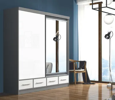 Produktbild von Krudox MIL Kleiderschrank Grau 200x216x62 cm Schiebetürenschrank mit Spiegel Lacobel 4 Schubladen Kleiderstange Schlafzimmer