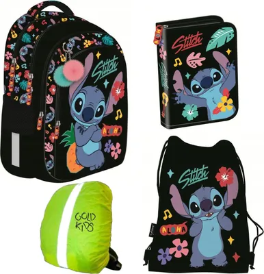 Produktbild von Goldkids - Schulranzen für Jungen und Mädchen, 4er-Set - Schul-Rucksack für Kinder mit Federmäppchen - Schuhbeutel und Regenschutz - Stitch Motiv