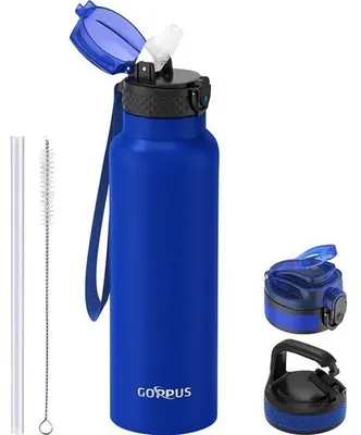 Zdjęcie produktu dla Termos ze stali nierdzewnej do uprawiania sportu, podróży i biwakowania – pojemność 750 ml, z uchwytem do picia i 3 uszczelkami, bez BPA, do napojów gazowanych, termos z izolacją próżniową i podwójnymi ściankami