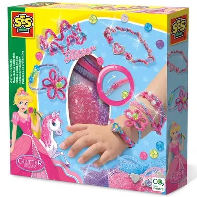 Productafbeelding van SES Creative Glitter Dreams - Glitterarmbandjes, knutselset voor het maken van sieraden voor kinderen, vanaf 4 jaar, blauw, roze, paars, 1 stuk