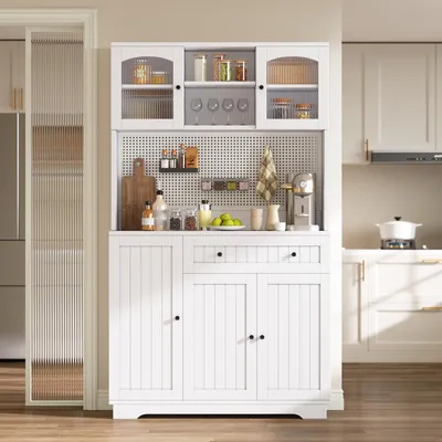 Image de Armoire vitrée avec porte, meuble de cuisine, meuble haut avec étagères réglables et panneau perforé, 103,5 x 40 x 180 cm, blanc