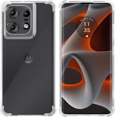 A product shot showing a phone case on a phone, with the back and front views presented side-by-side.