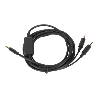 A black audio cable with a volume control and multiple connectors, coiled on a white background.