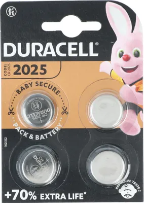 A retail package of Duracell CR2025 coin cell batteries, featuring the Duracell bunny mascot.